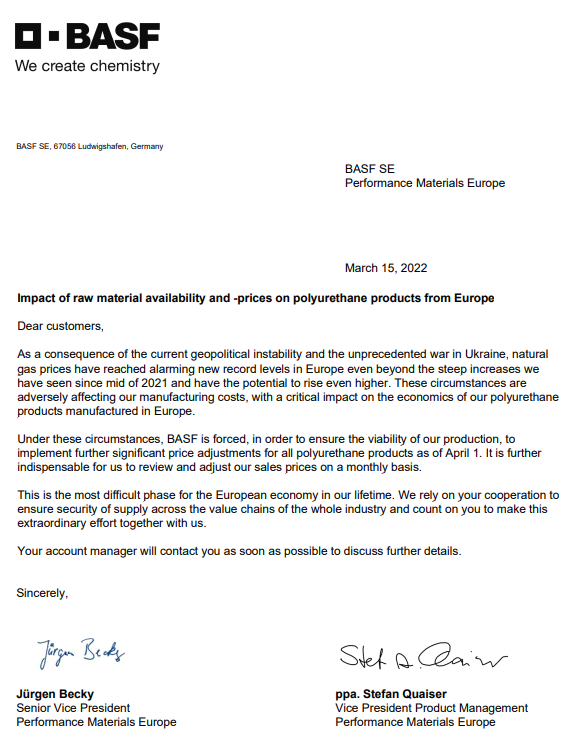 自4月1日起！巴斯夫?qū)W洲市場所有聚氨酯產(chǎn)品漲價(jià)